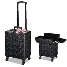 Byootique Rolling Makeup Train Case is a stylish and functional solution for storing and transporting makeup and beauty supplies with extendable trays and a large compartment. Its classic black color gives it a chic and elegant appearance, ideal for makeup artists and beauty enthusiasts on the go. Features: - Mermaid Black - Byootique Rolling Makeup Train Case features classic black diamond pattern, inspired by the starry sky and black pearl, illustrating understated elegance to elevate your out Trolley Organizer, Rolling Makeup Case, Iridescent Color, Makeup Train Case, Makeup Training, Hair Supplies, Lipstick Bag, Beauty Supplies, Professional Hairstylist