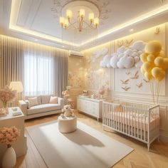 a baby's room decorated in neutral tones with balloons on the ceiling and crib