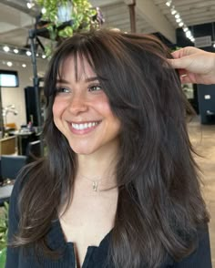 @saraapermenter was made for these wispy bangs 🤎🤎🤎 #bangs #hair #dfwhairstylist #wispybangs | Instagram Thick Hair With Wispy Bangs, Bangs On Long Brown Hair, Round Face Fringe Bangs, Midlength Haircuts With Wispy Bangs, Wispy Bangs Above Eyebrows, Thick Hair Wispy Bangs, Medium Length Hair With Lots Of Layers And Curtain Bangs, Wispy Bangs Square Face Shape, Wispy Face Framing Bangs Straight Hair