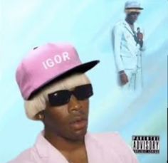 a man wearing a pink hat and sunglasses in front of a blue background with an igor photo on it