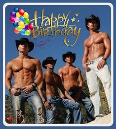 a group of men standing next to each other in front of a birthday card with the words happy birthday written on it