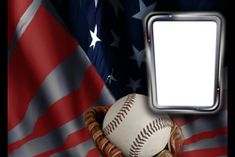 a baseball glove with a ball in it and an american flag