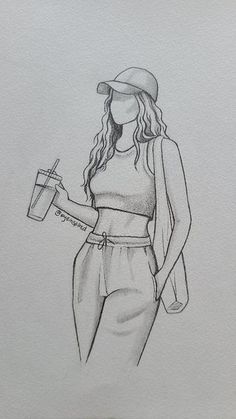 a pencil drawing of a woman holding a drink and a straw in her hand,