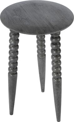 a small wooden table with three legs and a round shaped design on the top, made out of wood