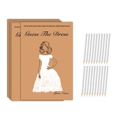 six books with white pencils in front of them and an image of a woman's dress on the cover