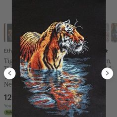 the cross stitch tiger is walking in the water