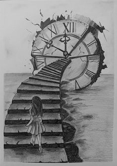 a pencil drawing of a girl walking up stairs to a giant clock