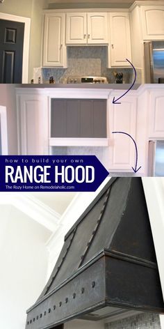 the before and after pictures of a kitchen hood that has been painted white with blue lettering on it