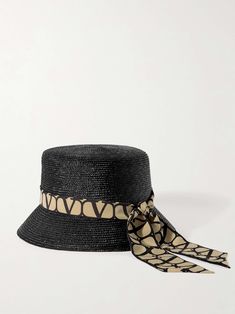 VALENTINO GARAVANI Printed silk-trimmed straw bucket hat Straw Bucket Hat, Printed Silk, Summer Accessories, Black Silk, Net A Porter, Valentino Garavani, Silk Printing, Sun Hats, Women Collection