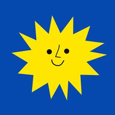 a yellow and blue background with an image of a smiling sun on it's face