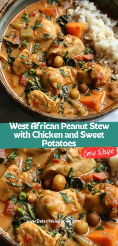 two plates with different types of food on them and the words west african peanut stew with chicken and sweet potatoes