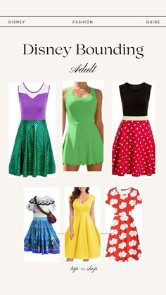 the disney bound dress is shown in different colors and styles, including green, yellow, red