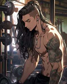 a man with long hair and piercings is squatting down in front of a barbell