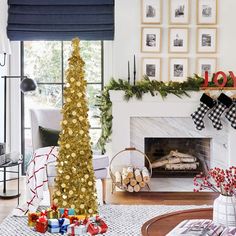 a living room decorated for christmas with decorations