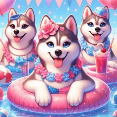 two husky dogs float on an inflatable raft and drink from a pink cup