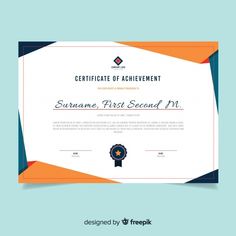 a certificate with an orange, blue and black design on the bottom is shown in front of a light blue background