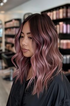 40+ Gorgeous Brown Hair and Highlights Ideas - Flo's Blog Rose Brown Hair Color Balayage, Rose Gold Balayage Hair, Brownish Pink Hair Color, Brown Hair With Rose Gold Balayage, Rose Colored Hair For Brunettes, Brunette Rose Hair, Chocolate Brown And Pink Hair, Soft Pink Balayage, Asian Pink Balayage