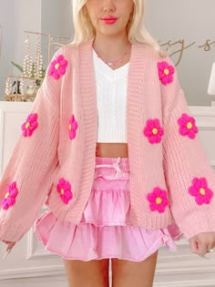 Bright Pastel Outfits, Pink Preppy Clothes, Cute Colorful Clothes, Trendy Pink Cardigan For Spring, Pink Floral Print Sweater For Spring, Cute Pink Sweater For Spring, Pink Floral Print Long Sleeve Cardigan, Pink Sweater For Spring, Pink Long Sleeve Floral Print Cardigan