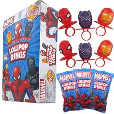 spider - man ring tossers are shown in front of a box