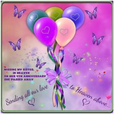 a birthday card with balloons and butterflies on the front, says happy birthday for my aunt sending all our love to heaven above