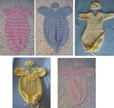 crocheted baby clothes are shown in four different colors