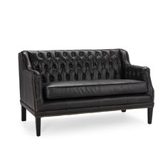 The essence of cool is brought to life in the Essex Black Leather Loveseat, with echoes of James Dean's famous black leather jacket. It features a one seat cushion for comfort, antiqued brass stud detailing, tapered wooden legs, and a beautifully tufted backrest. All of the fine details come together to make this loveseat a timeless classic. Dressing Room Mirror, Tufted Leather Sofa, Modern Loveseat, Tufted Leather, Famous Black, Leather Loveseat, Engineered Hardwood, Ceramic Table, Black Leather Jacket