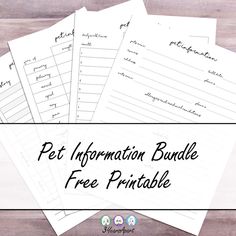 four printable pet information binders with the text free printable