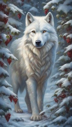 a painting of a white wolf standing in the snow