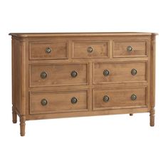 a wooden dresser with many drawers and knobs