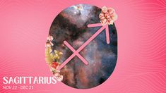 the zodiac sign sagittarius with flowers in front of it on a pink background