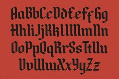 the upper and lower case of an old fashioned font with black letters on red background