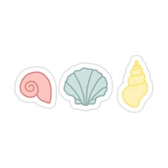 three seashells stickers in pastel colors, one with a shell on it