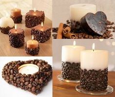 coffee beans and candles are arranged in the shape of hearts