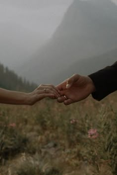 two people are holding hands in the middle of a field with mountains in the background