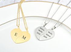 "💝Customized 2pcs Matching Heart Necklace: This heart necklaces set can be personalized with names, initials, dates, phrases, roman numerals or coordinates, can be match perfectly into a heart, and when apart,they will be each other's half ,great as gift for couples,lovers,parents and best friends.   💜Material: Stainless Steel jewelry does not tarnish and oxidize, which can last longer than other jewelries. It is able to endure a lot of wear and tear. It's very comfortable to wear. Such advantages make it a more popular material for jewelry. 🧩Size: Chain length: 24\". Pendant measures 35mm/1.36\" tall, 38mm/1.5\" wide. This necklace will arrive in a gift box, ready for gifting or to treat yourself! 📦Packet： 2pcs necklaces with a gift box." Personalized Heart Necklace For Best Friend, Personalized Heart-shaped Jewelry For Best Friend, Customizable Heart-shaped Necklace For Best Friend, Personalized Necklace For Anniversary, Valentine's Day Gift, Customizable Heart-shaped Valentine's Day Necklace, Puzzle Piece Necklace, Friendship Necklaces, Wedding Gifts For Couples, Personalized Pendant