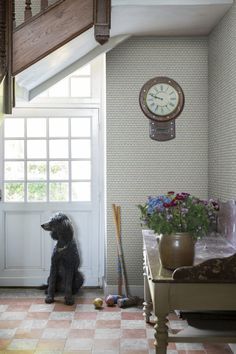 a dog sitting on the floor in front of a wall with a clock above it