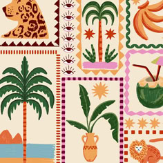 an image of a painting with animals and plants on it's sides, including palm trees