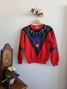 Vintage 80's Women's Colter Bay Petites Multicolor Knit Sweater size Small Petite. Acrylic 97% polyester 3%. Made in Taiwan R.O.C. In very good used condition , usual wearing.  Dimensions laying flat: height 22.5"  between armpits 19" sleeve 19" Retro Red Cotton Sweater, Multicolor Retro V-neck Sweater, Multicolor Knit, Pullover Sweater Women, Women Pullover, Sweater Sizes, Knit Sweater, Pullover Sweaters, Taiwan