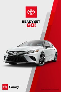 a white toyota dealership ad with the words ready set go in red and grey