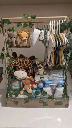 stuffed animals and baby items are on display