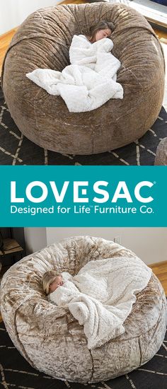 a baby wrapped in a blanket is laying on a large bean bag chair and the text lovesac designed for life furniture co