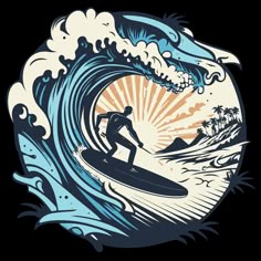 a man riding a surfboard on top of a wave in front of the sun