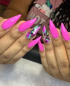 Funky Neon Nails, Acrylic Nail Designs Glam, Hot Pink Nails With Rhinestones, Cute Stiletto Nails Designs, Hand Painted Nail Designs, Nail Stilleto Ideas, Hot Pink Nail Designs, Stiletto Nail Design, Trendy Summer Nails 2023