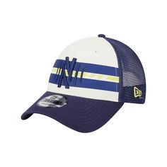 the new era trucker hat in white, blue and yellow with stripes on the front