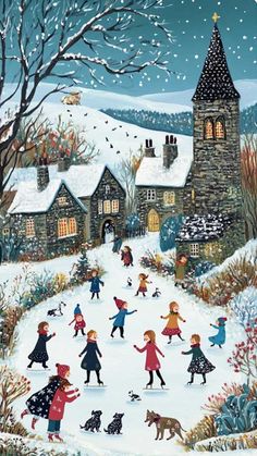 a painting of children playing in the snow