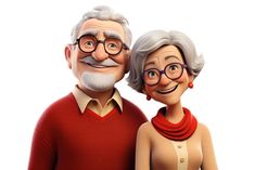 an old man and woman are standing next to each other with glasses on their faces