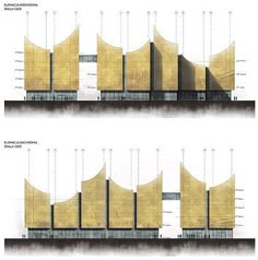 two diagrams showing the different sections of a building with yellow panels on each side and white walls