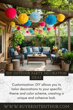 an outdoor party decoration idea with colorful paper lanterns and pom poms hanging from the ceiling