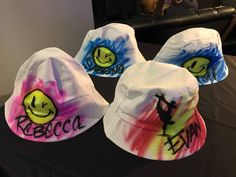 "These white bucket hats are prime canvas to show off your style! Super trendy, add a name, nickname, hearts, stars or something else to show off your style! Bucket hat, Custom Airbrush bucket hat, Personalized hat, Party Favor Hat, Bar Mitzvah Giveaway, Party Giveaways, Airbrush hat, custom hat Custom graphics and words airbrushed on \"bucket\" style hats - these are ideal gifts and can be purchased in bulk for party favors at a special price. These upgraded airbrush hats feature the incredible Adjustable White Playful Bucket Hat, Playful White Adjustable Bucket Hat, Playful Adjustable White Bucket Hat, Playful White Bucket Hat, Custom White Festival Hat, Fun White Bucket Hat, Personalized White Summer Hats, Adjustable Fun Mini Bucket Hat, Fun White Brimmed Mini Hats