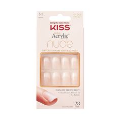 The look and strength of salon acrylics that a professional tediously sculpts onto the nails with a brush, but these glue on in minutes. Acrylic-infused technology makes the nails super durable and they never chip! Kit contains 28 Nails, Pink gel glue (2g), Mini file, Manicure stick Wears for up to 7 days French Nude Nails, Kiss Press On Nails, Bubble Nails, Acrylic French, Kiss Products, Pink Gel Nails, Kiss Nails, Gel Glue, French Nail